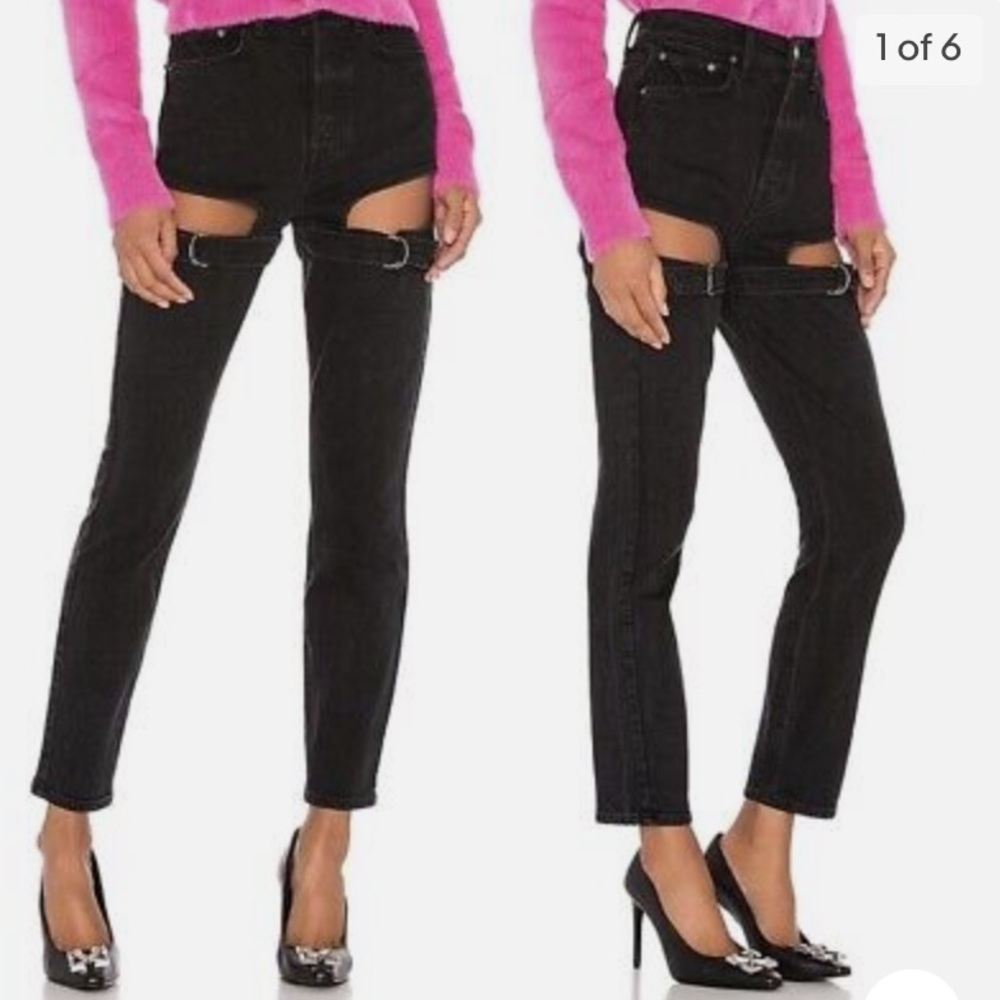 REVOLVE GRLFRND BLACK DENIM THIGH CUT‎ OUT BUTTON FLY JEANS